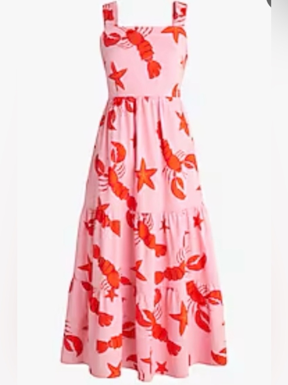 HTF NWT J. Crew Pink Red Lobster Print Square Neck Tiered Midi Dress Pockets